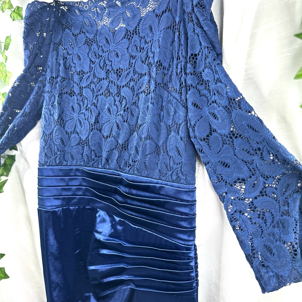 NWT Miusol Womens Lace Bodice Satin Ruched Mermaid Evening Dress Navy Blue Large - Picture 4 of 12